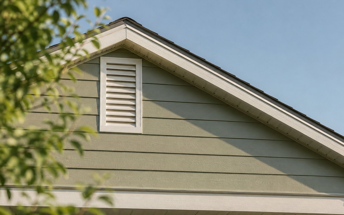 A house gable end with a louvered attic vent